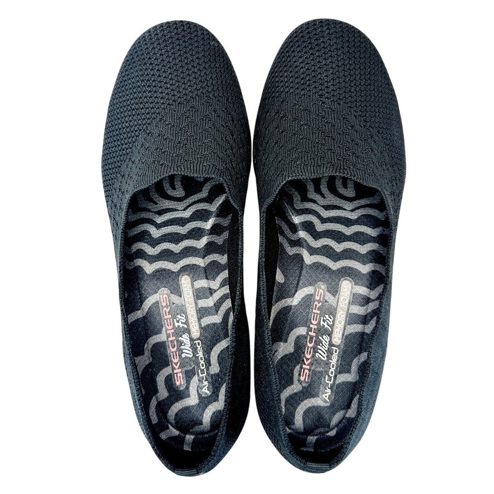 NEW Skechers Seager Stat Women 9 Wide Black Slip On‎ Comfort Shoe Knit Scalloped
